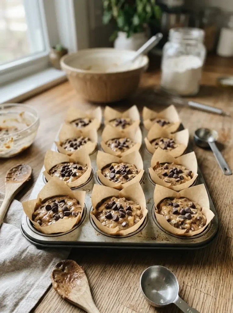 banana muffin batter in muffin tray