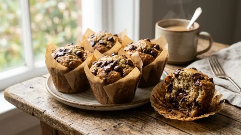 healthy banana muffins with chocolate chips on wooden table