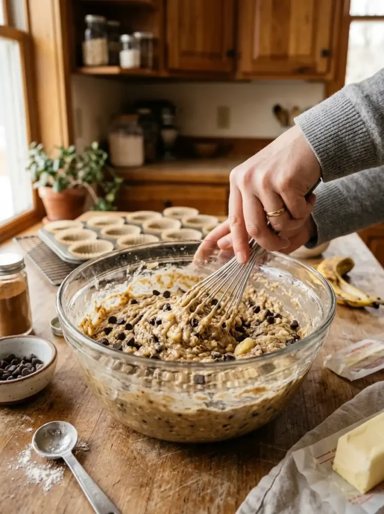 mixing healthy banana muffin batter