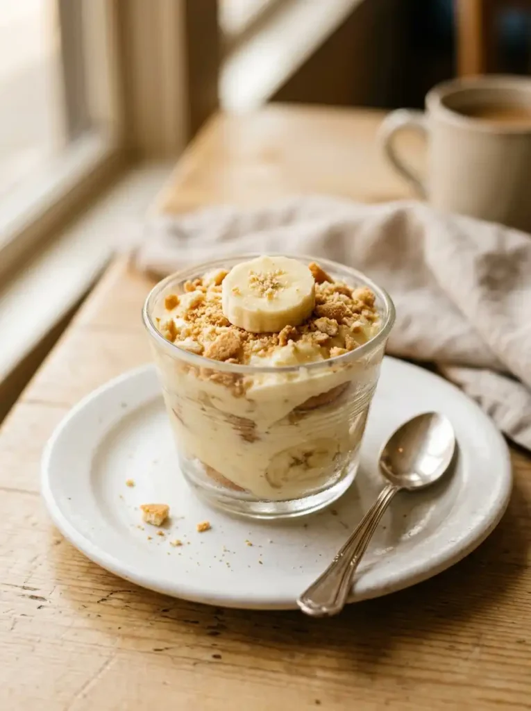 A serving of creamy homemade Magnolia Bakery banana pudding topped with crumbled vanilla wafers.