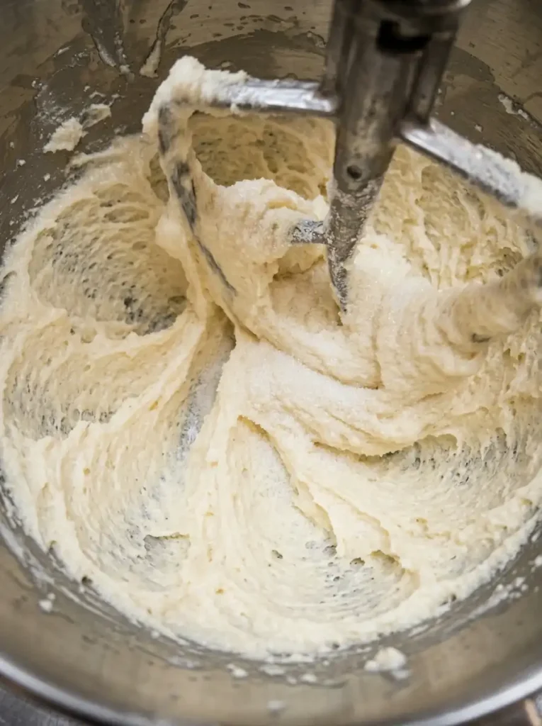 Creaming European butter and sugar in a mixer bowl for a light butter cookie recipe.