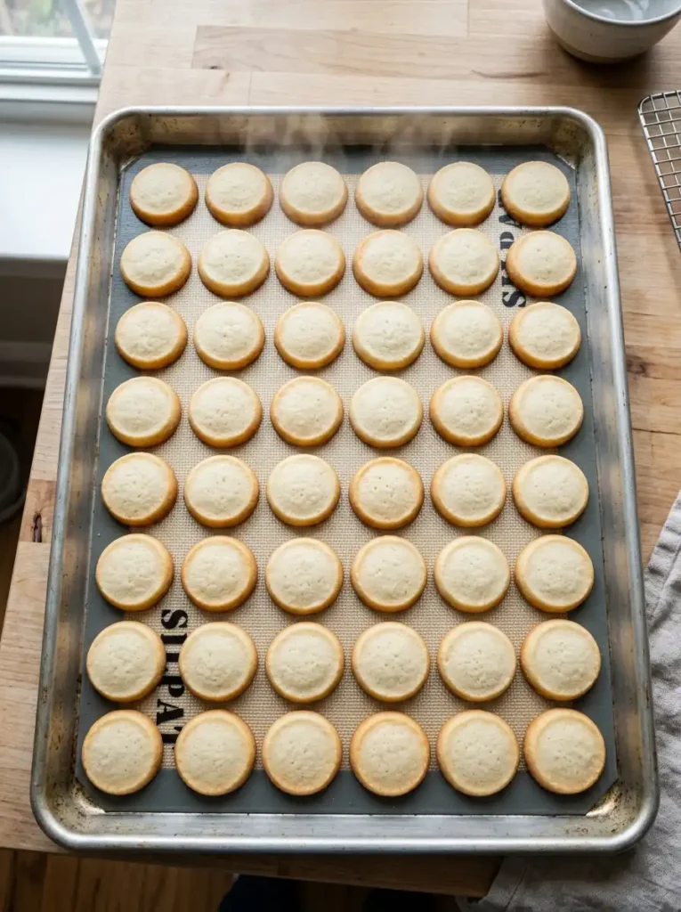 Freshly baked golden discs cooling on a silicone baking mat.