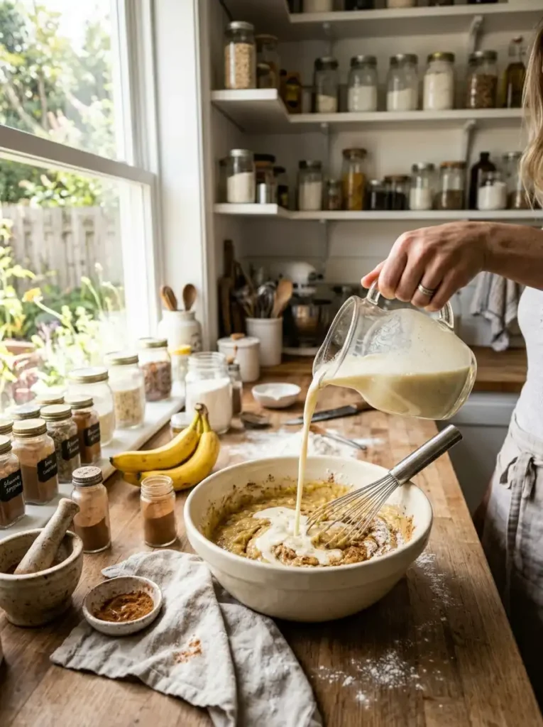 Pouring buttermilk into the banana cake batter with flour and cinnamon.