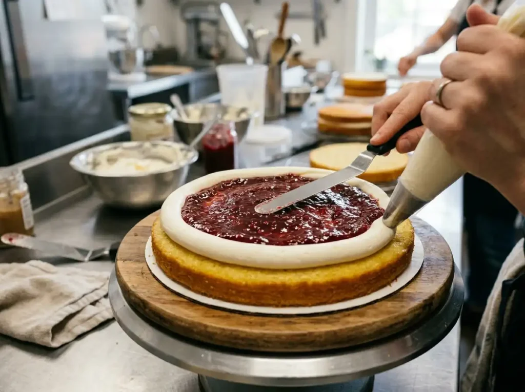 Spreading vibrant raspberry cake filling inside a frosting