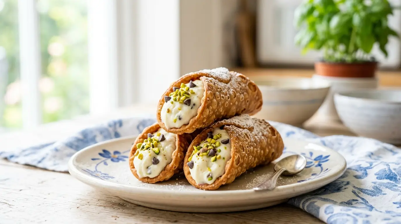 Bright, clean photo of perfectly golden Italian cannoli with distinct ricotta filling texture.