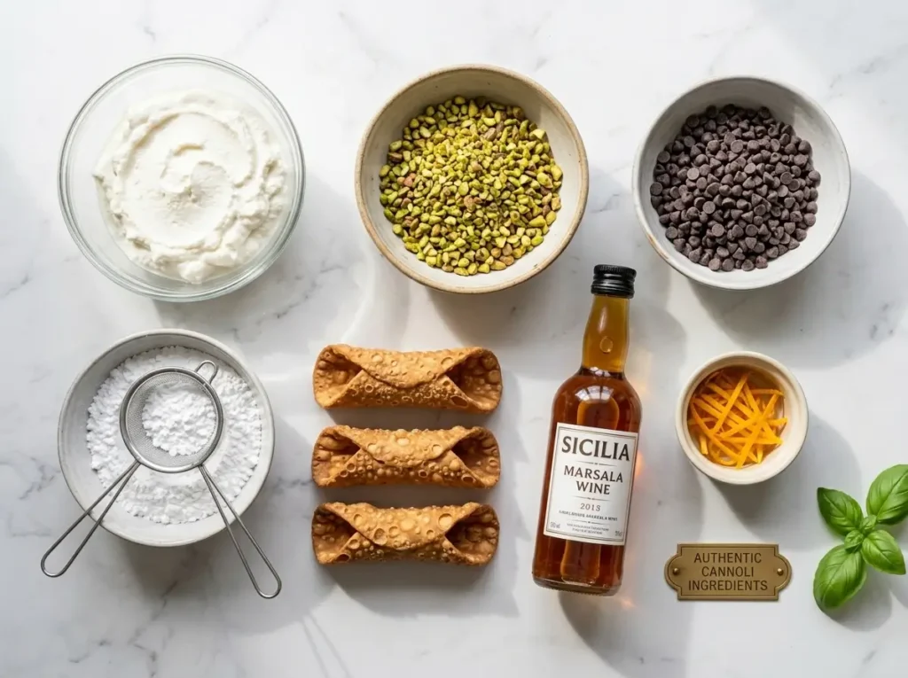 Clean flat lay of ingredients for an expert-level cannoli filling recipe on white marble.