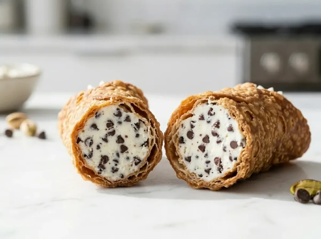 Macro definition shot of a crunchy shell broken to reveal a clean white ricotta filling.