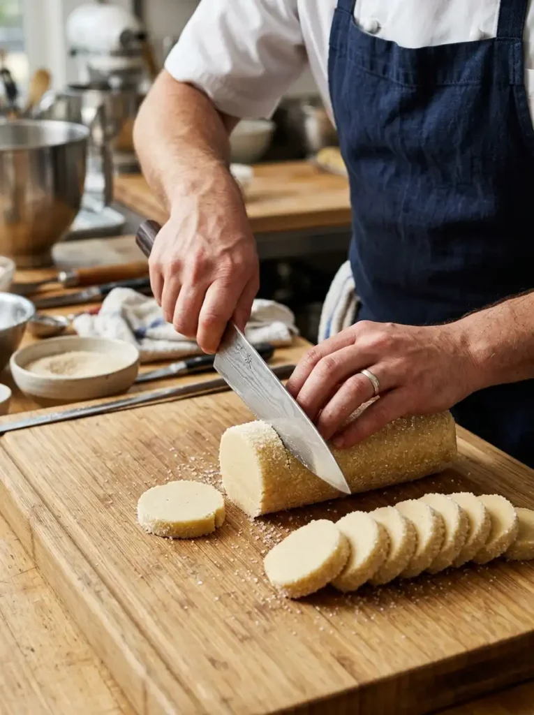 Slicing a chilled dough log with sugar edges for a crisp butter cookie recipe.