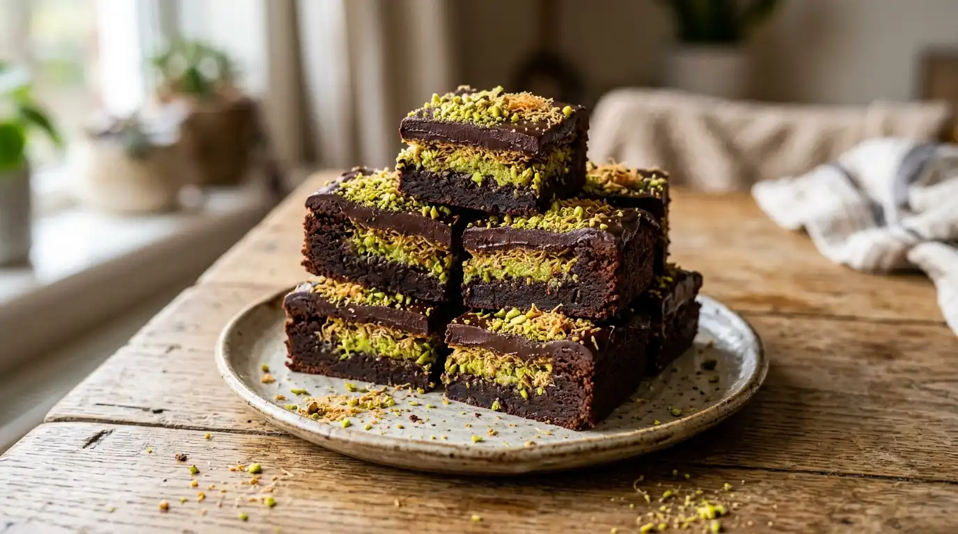 Dubai chocolate brownies with pistachio kataifi filling