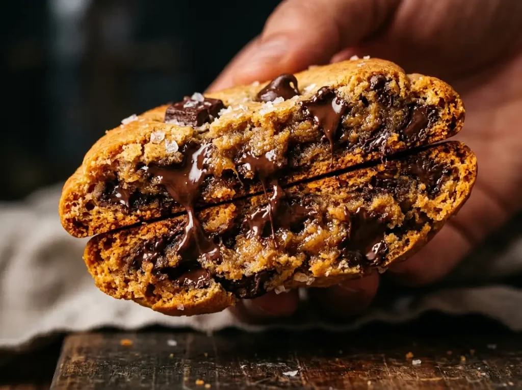 Baileys Irish Cream chocolate chip cookie broken in half showing soft gooey chewy center