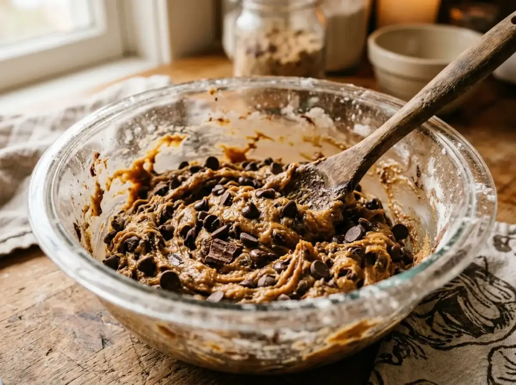 Baileys Irish Cream chocolate chip cookie dough in mixing bowl with chocolate chips