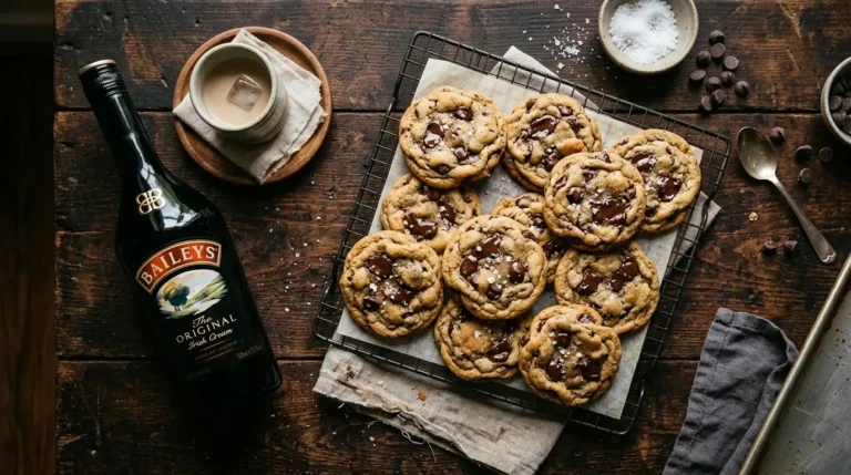 Baileys Irish Cream Chocolate Chip Cookies freshly baked on rustic wooden surface