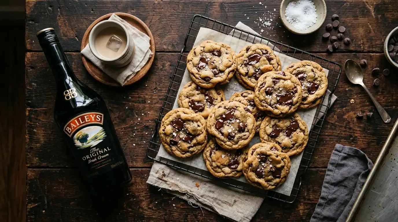 Baileys Irish Cream Chocolate Chip Cookies freshly baked on rustic wooden surface