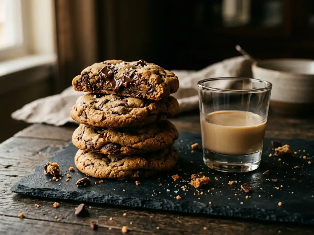 Stack of thick Baileys Irish Cream chocolate chip cookies with glass of Baileys on dark slate board