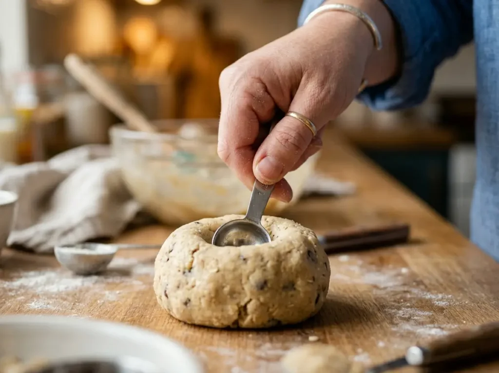 Pressing a well into thumbprint cookie dough balls using a measuring spoon.