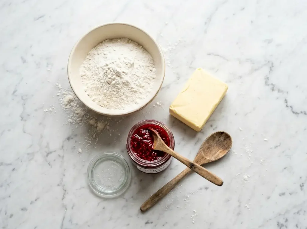 Ingredients for thumbprint cookies including flour, butter, and raspberry jam on a marble surface.