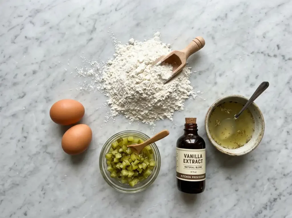 Organized layout of ingredients needed to bake dill pickle cookies.