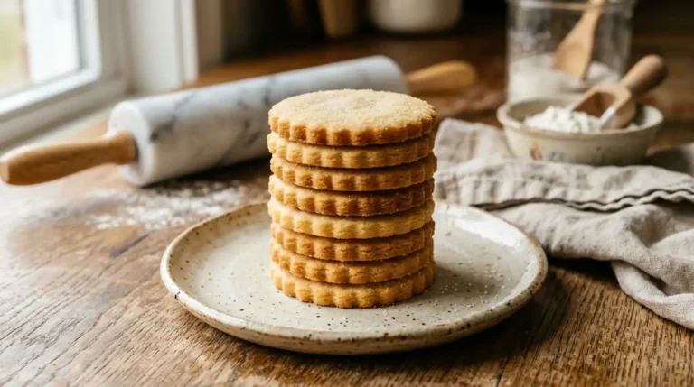 Bakery-style butter cookies stacked on a plate for a classic butter cookie recipe.