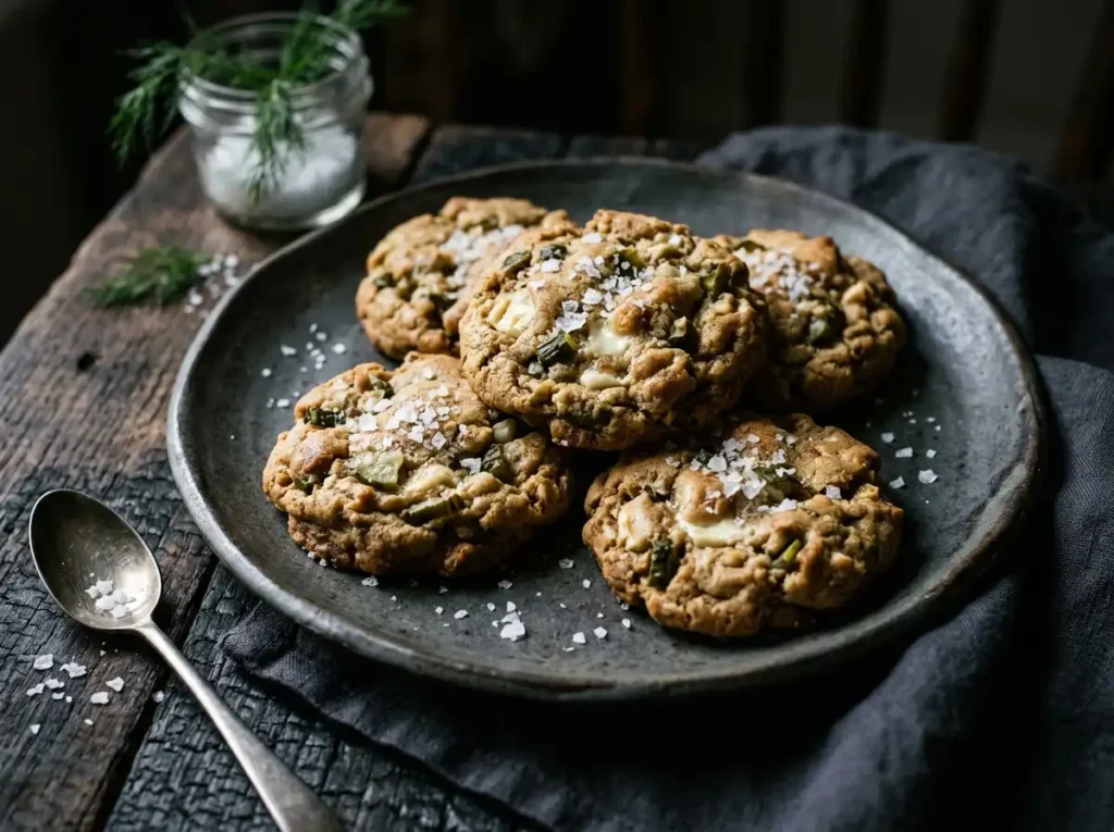 A variation of dill pickle cookies with white chocolate chips and sea salt.
