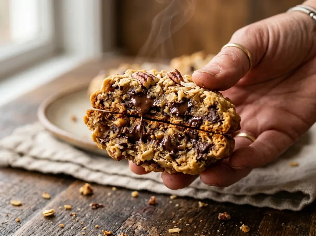 Gooey interior of a freshly baked chewy cowboy cookie with melted chocolate