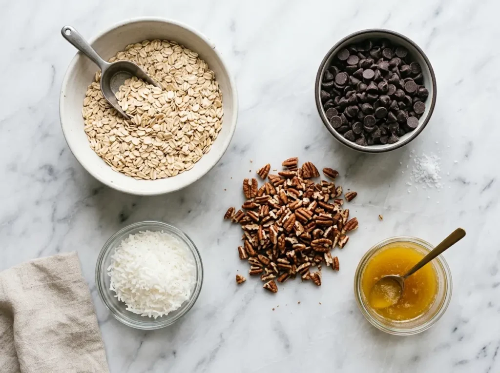 Ingredients for cowboy cookie recipe including rolled oats, pecans, and chocolate chips
