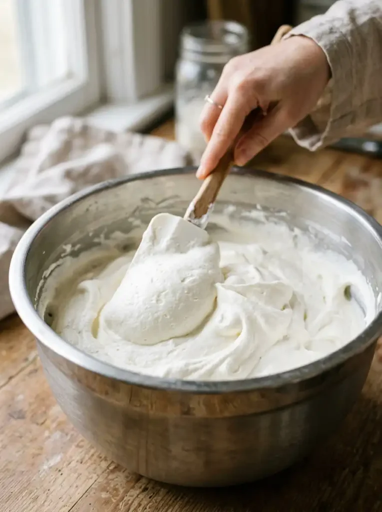 Folding the smooth vanilla pudding mixture into fluffy whipped cream.