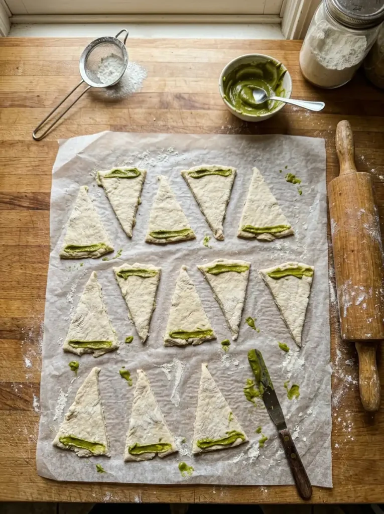 hand cut croissant dough triangles green pistachio paste smeared along base wrinkled parchment paper homemade