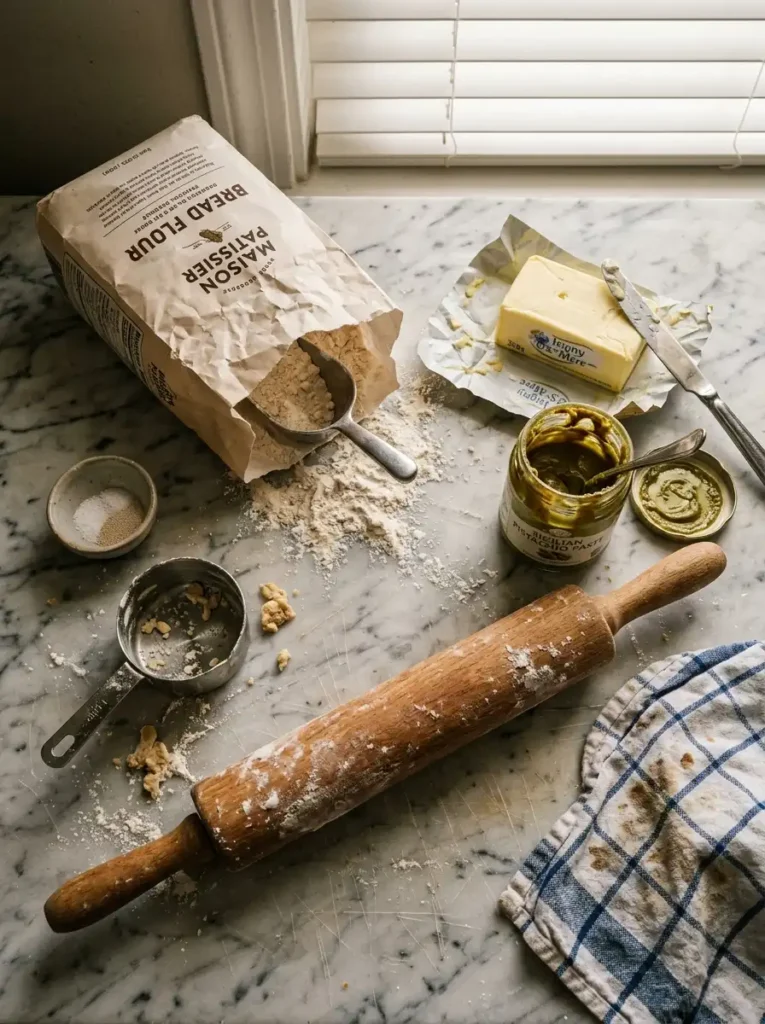 real croissant ingredients messy kitchen counter flour butter pistachio paste open bag used marble surface
