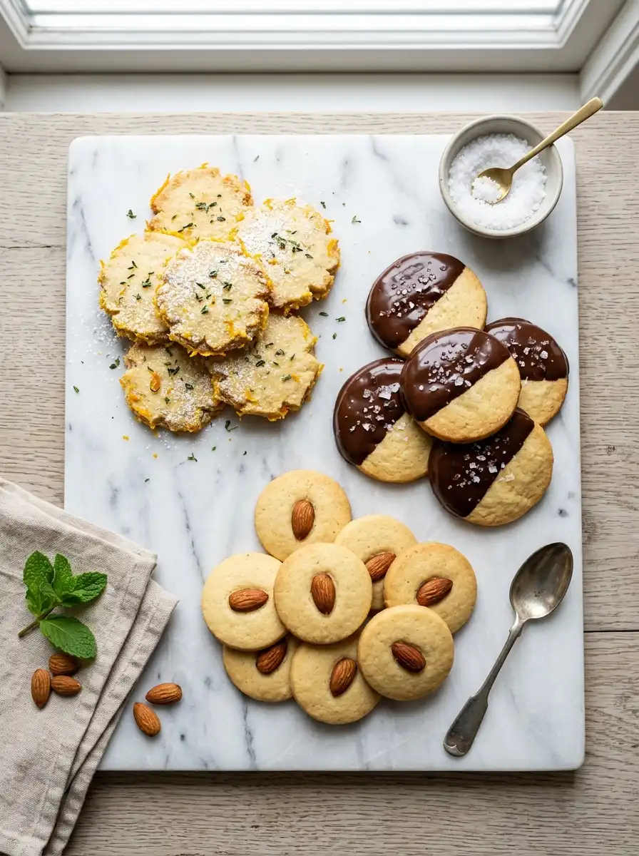 Chocolate-dipped and citrus flavor variations of a traditional butter cookie recipe.
