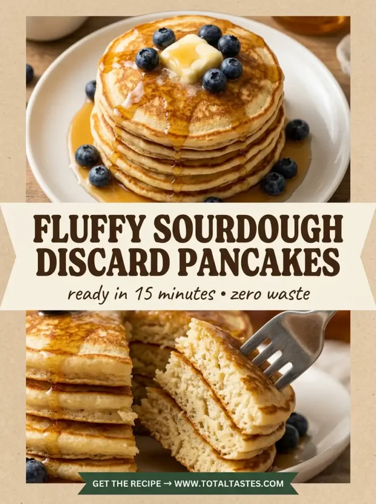 Easy fluffy sourdough discard pancakes recipe Pinterest pin - 15 minute zero waste breakfast