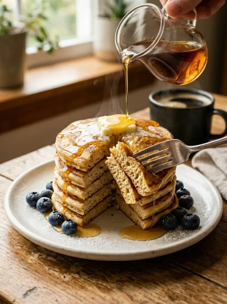 Fork cutting into a fluffy stack of sourdough discard pancakes with maple syrup pouring on top and melting butter