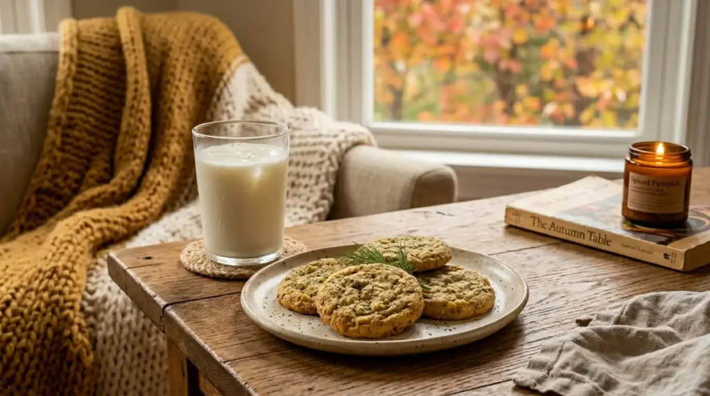 A plate of freshly baked dill pickle cookies served with a glass of milk.