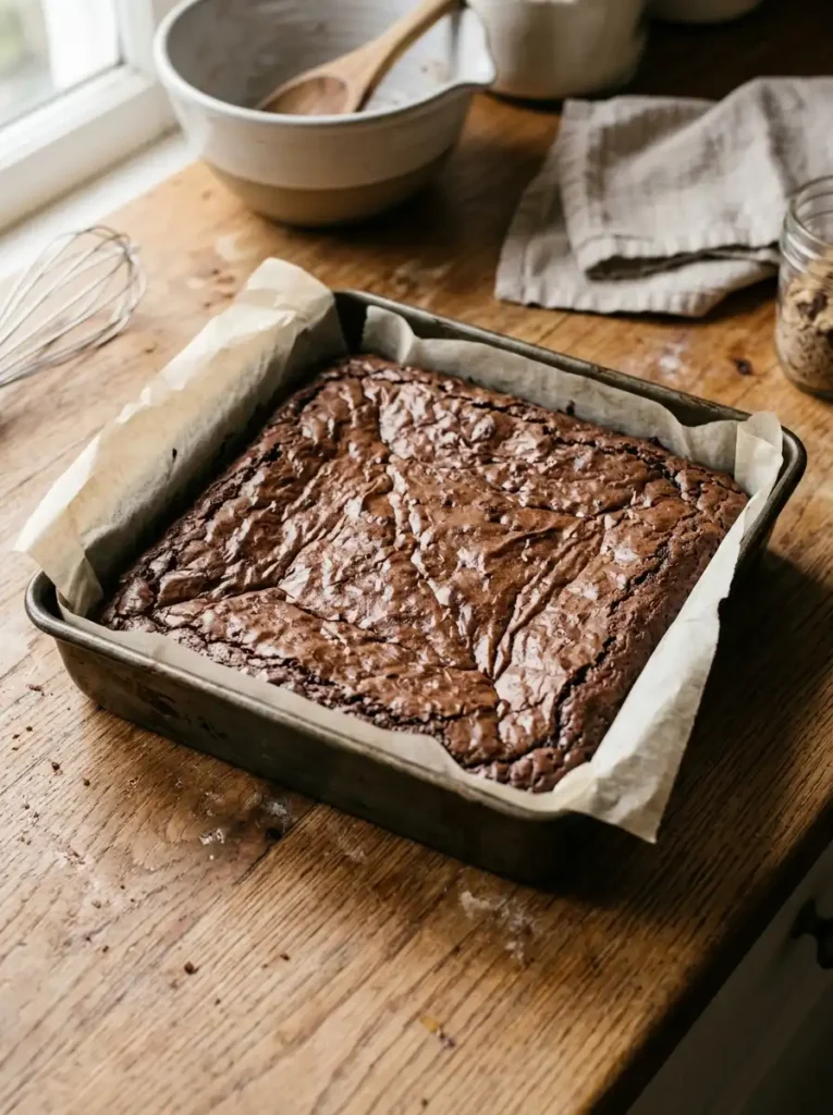 Baked brownie base for Dubai chocolate brownies