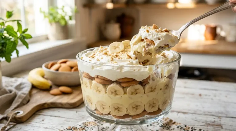 Authentic Magnolia Bakery banana pudding recipe in a large glass trifle bowl, served with fresh bananas.