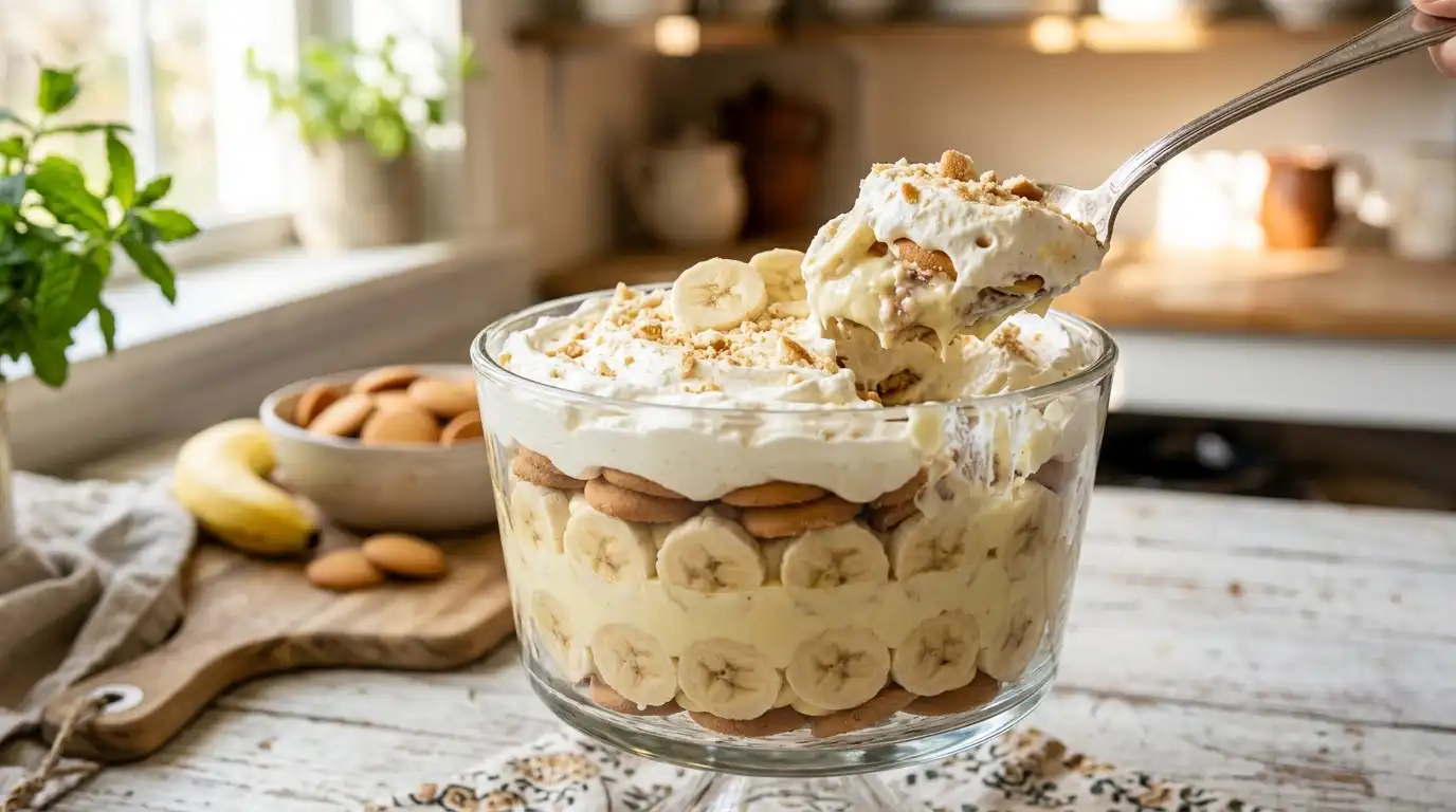 Authentic Magnolia Bakery banana pudding recipe in a large glass trifle bowl, served with fresh bananas.