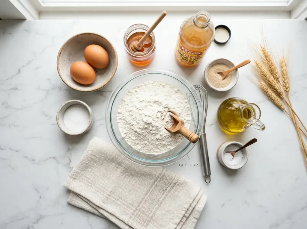 Ingredients for gluten free bread machine recipe including flour, eggs, and yeast.