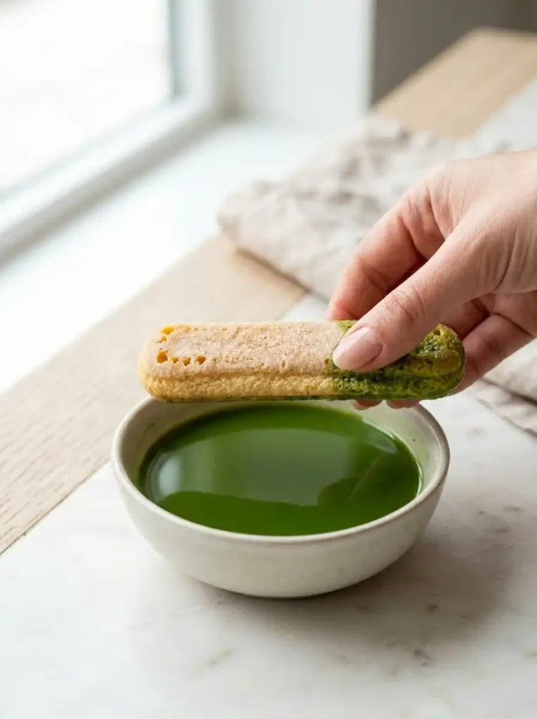 dipping ladyfinger cookie into green matcha syrup for matcha tiramisu assembly