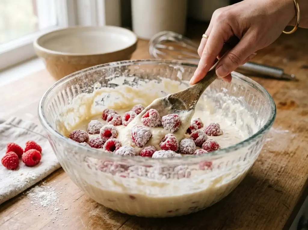 Folding flour-dusted berries into the raspberry cake batter