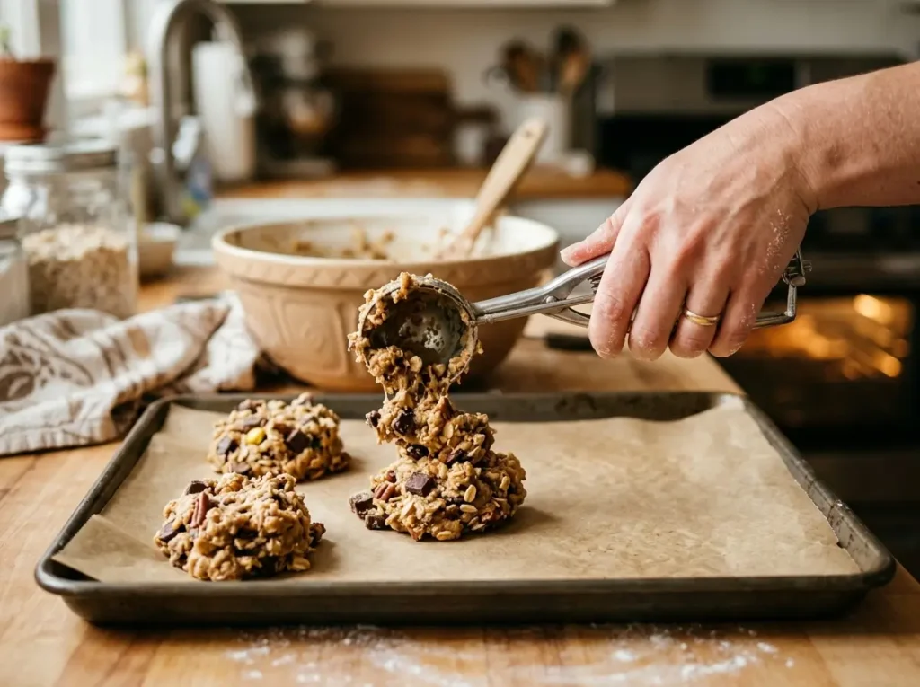 Scooping thick cowboy cookie dough onto a parchment-lined baking sheet