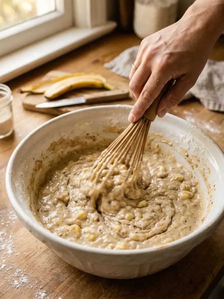 Mixing sourdough banana bread batter with mashed bananas and sourdough discard in a white bowl