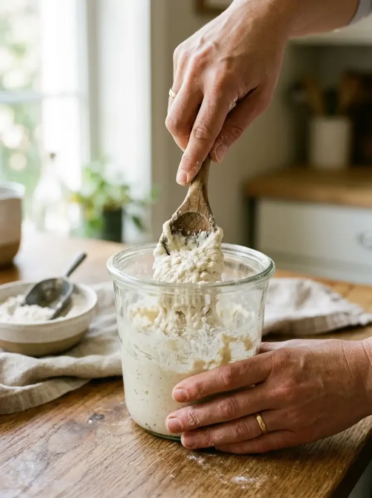 Mixing flour and water in a glass jar to start sourdough starter