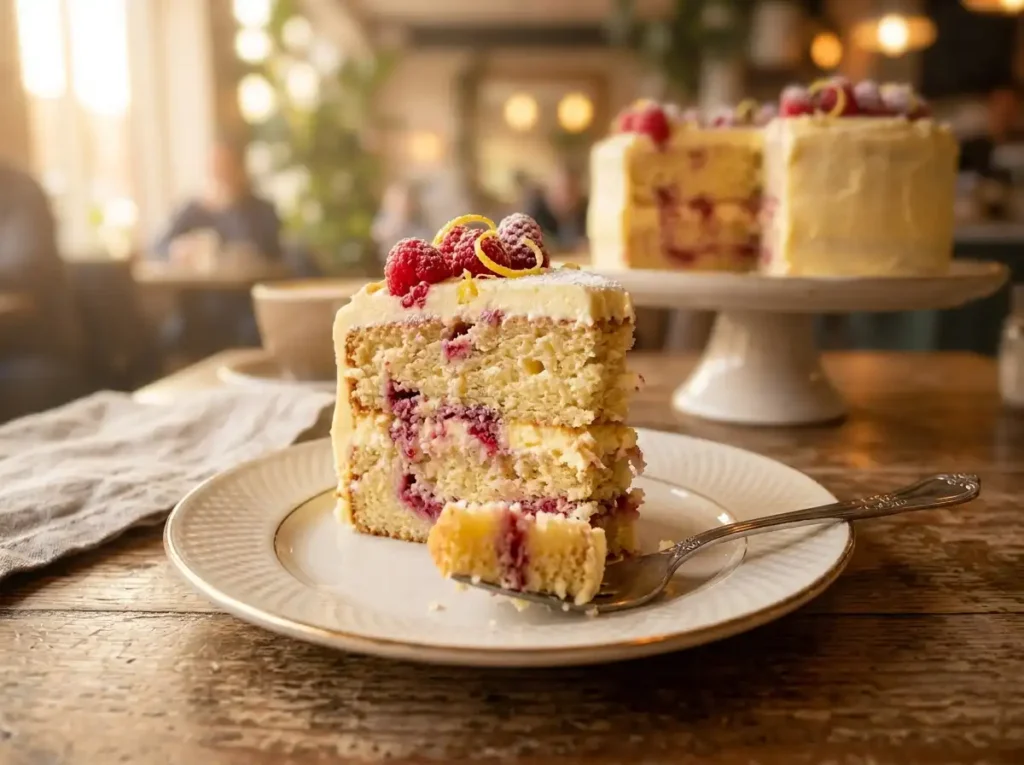 A moist slice of lemon raspberry cake with cream cheese frosting