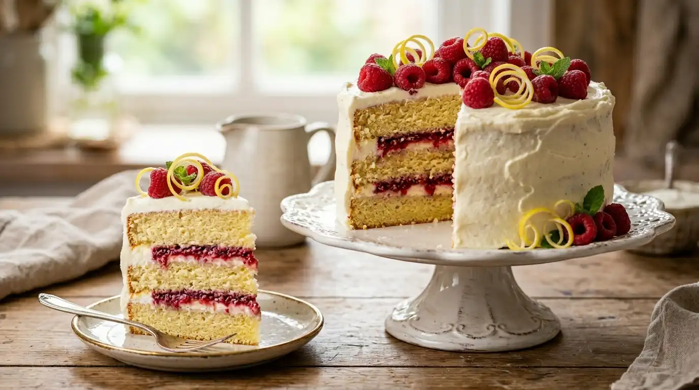Premium multi-layer lemon raspberry cake on a cake stand