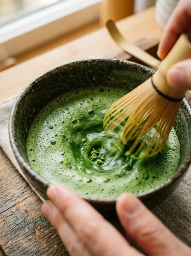 whisking matcha powder with warm water in shallow bowl for matcha tiramisu soaking syrup
