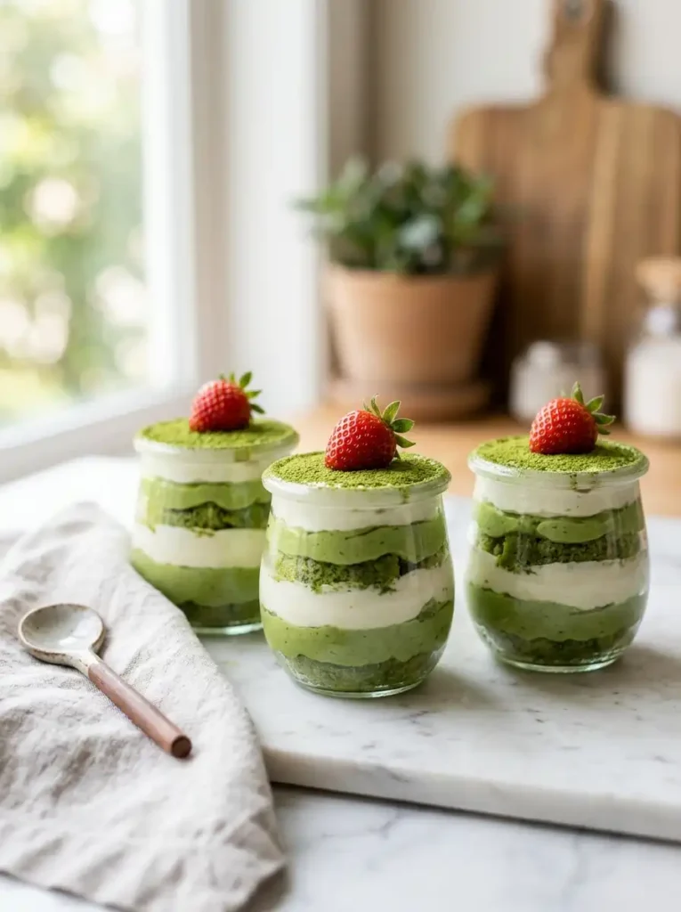 mini matcha tiramisu cups in glass jars with green and white layers for parties and dessert tables