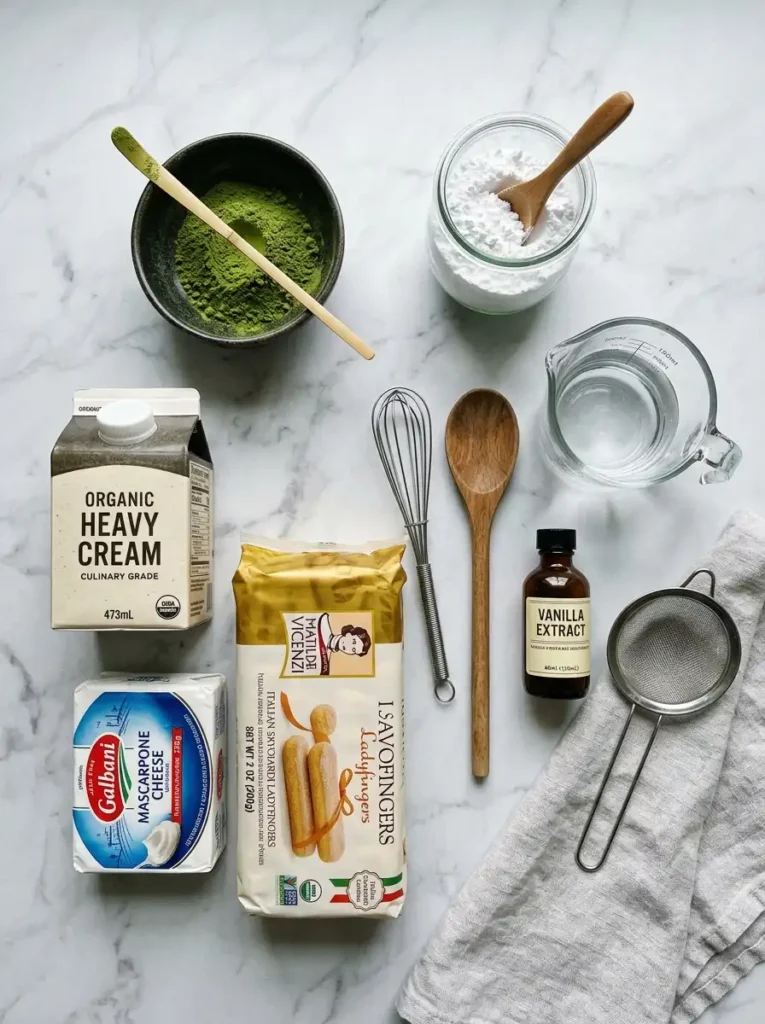 matcha tiramisu ingredients flat lay with matcha powder mascarpone cheese ladyfingers cream on marble