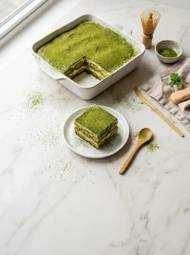 matcha tiramisu recipe pinterest pin vertical image with green tea dessert and matcha dusting