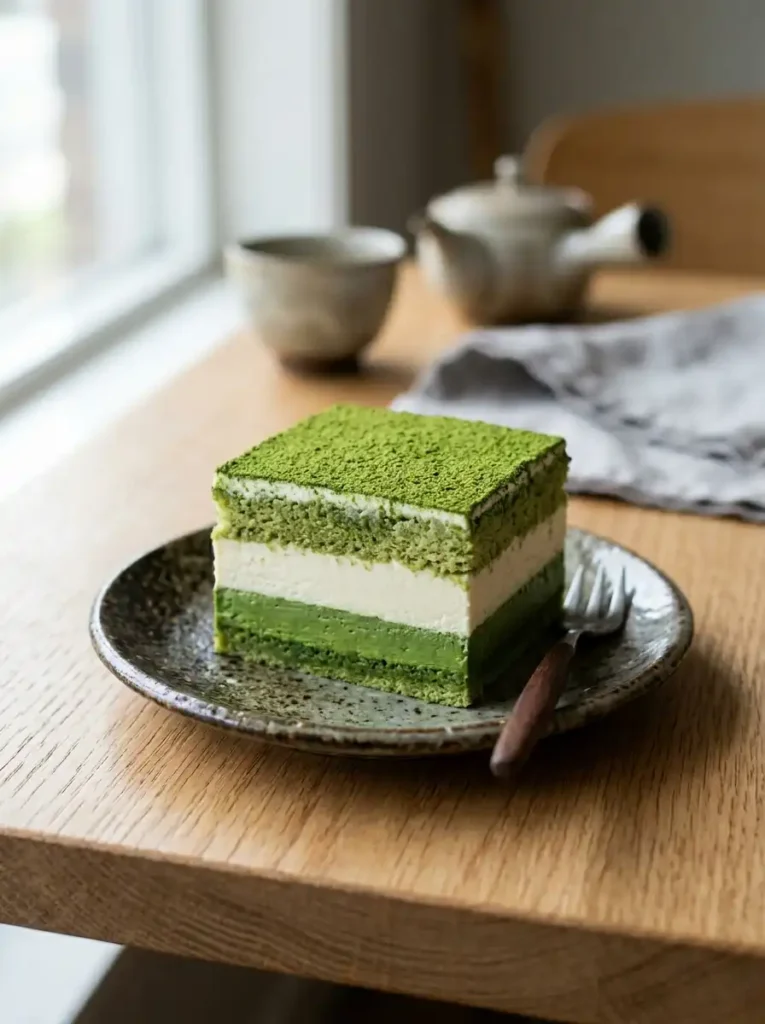 clean slice of matcha tiramisu showing distinct green and white layers on Japanese ceramic plate