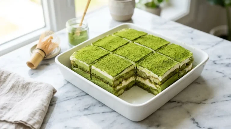 matcha tiramisu sliced in white dish showing green and white cream layers with matcha powder dusting