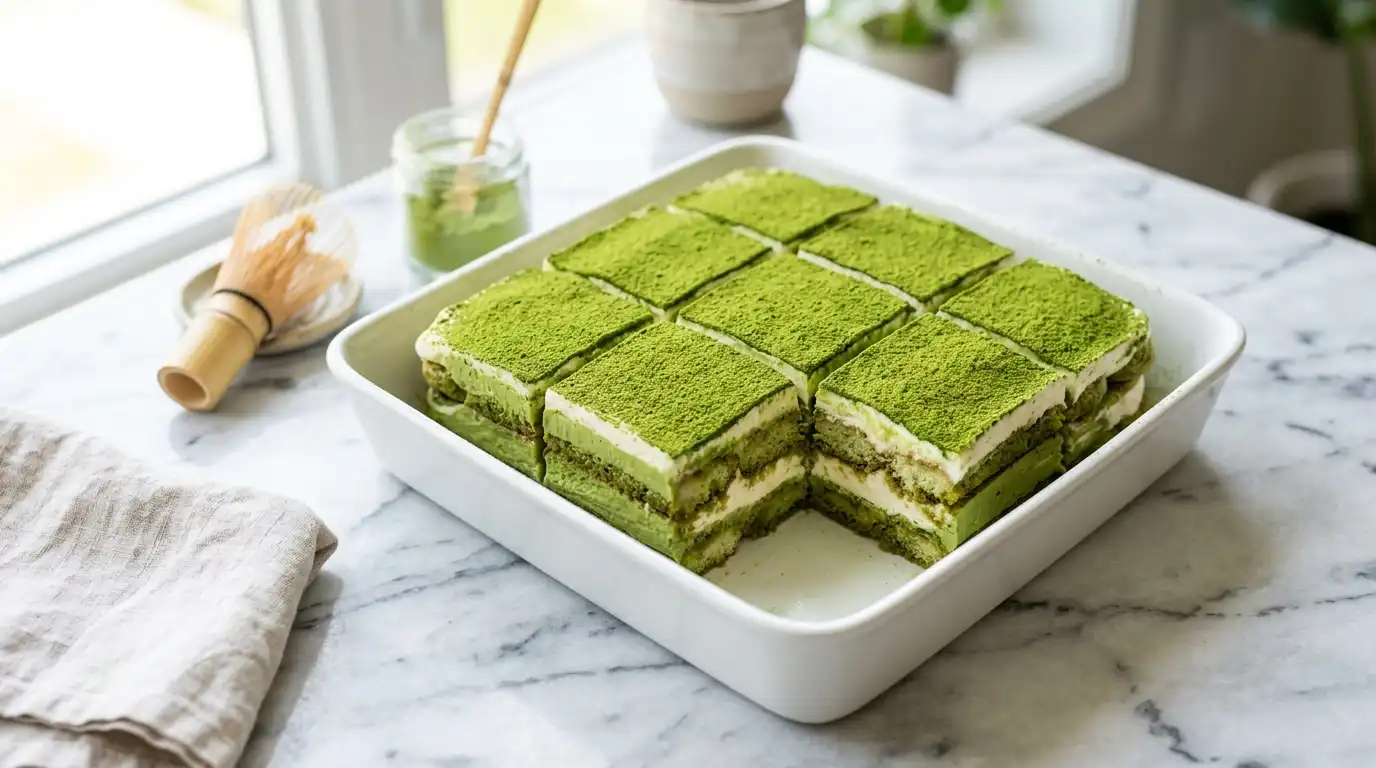 matcha tiramisu sliced in white dish showing green and white cream layers with matcha powder dusting